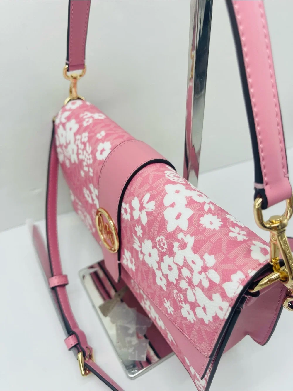 MICHAEL KORS Greenwich Md Printed MK Logo Convertible Shoulder Carnation  NWT